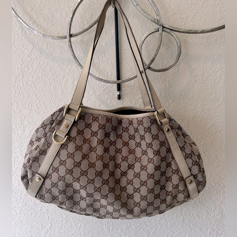 Gucci Bag Abbey Handbag GG CANVAS LEATHER Guccisima Authentic Beige Taupe Hobo